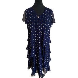 SLNY Navy & Gold Metallic Dot Ruffle Dress - Size 12